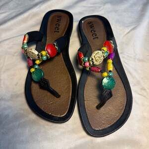 Sweet Women's Beaded Thong Sandals with Multi-Colored Stones